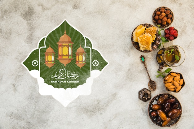 PSD flat lay ramadan composition with copyspace