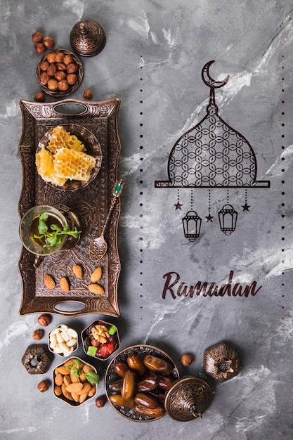 PSD flat lay ramadan composition with copyspace