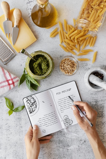 Flat lay recipe book still life