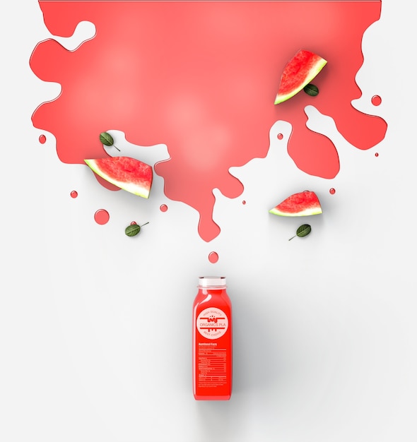 Flat lay red smoothie spilled on white background 