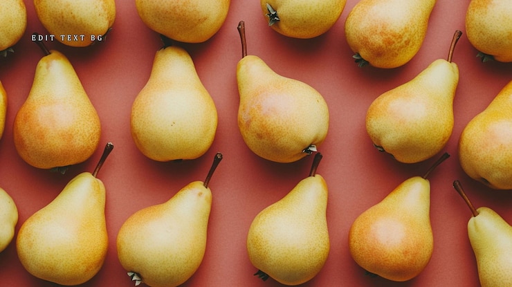 PSD flat lay of ripe yellow pears arranged on a coral background