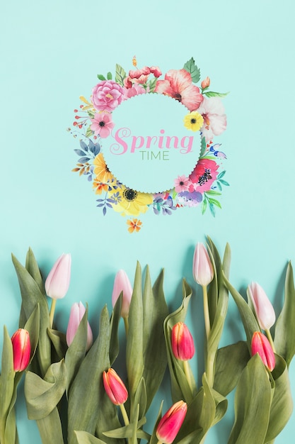 Flat lay round card mockup for spring