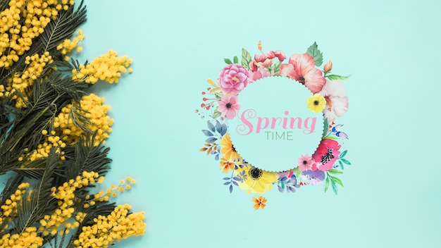 PSD flat lay round card mockup for spring