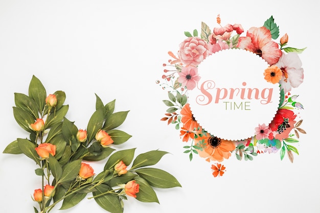 Flat lay round card mockup for spring