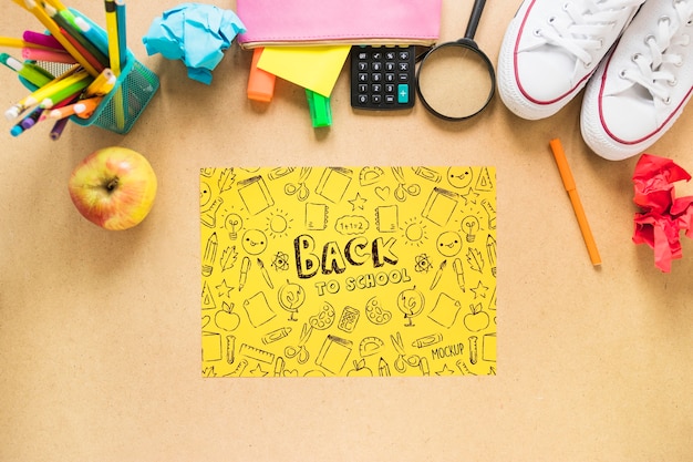 PSD flat lay school supplies assortment