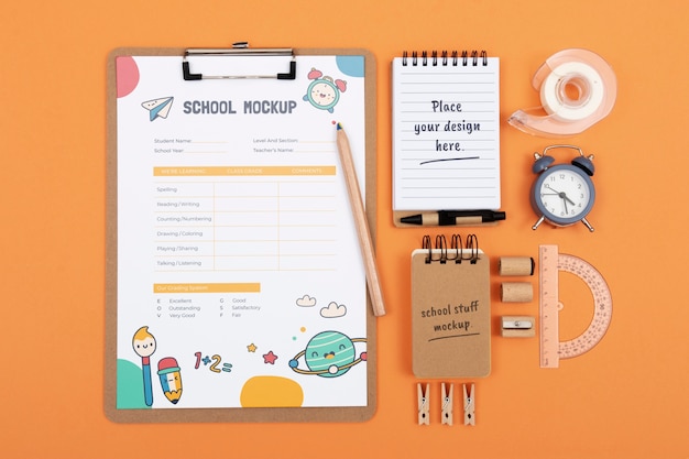 PSD flat lay school supplies assortment