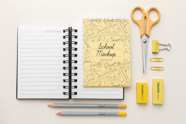 PSD flat lay of school supplies collection mock-up