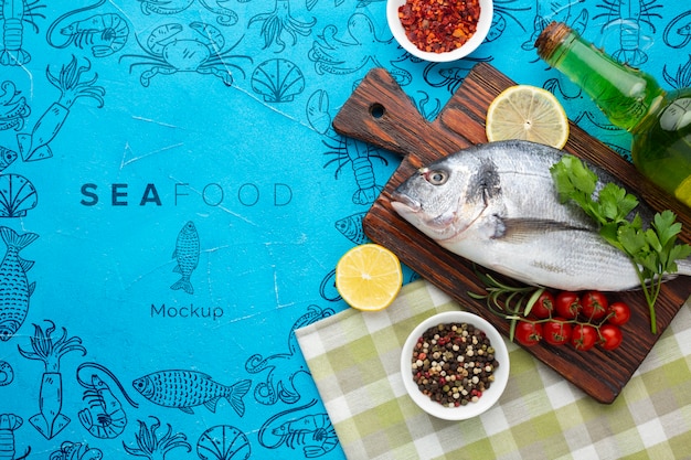 Flat lay sea food composition with mock-up