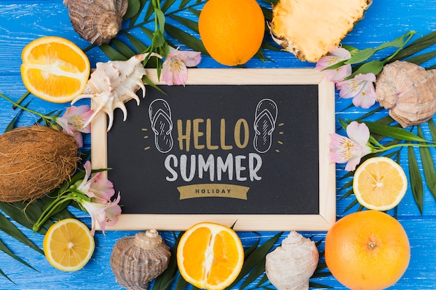 PSD flat lay slate mockup with summer elements