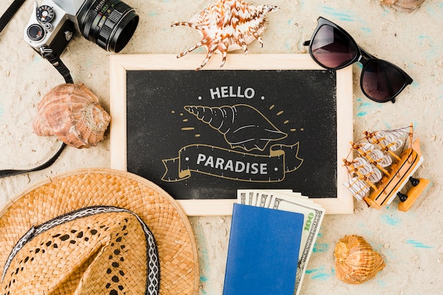 PSD flat lay slate mockup with summer elements