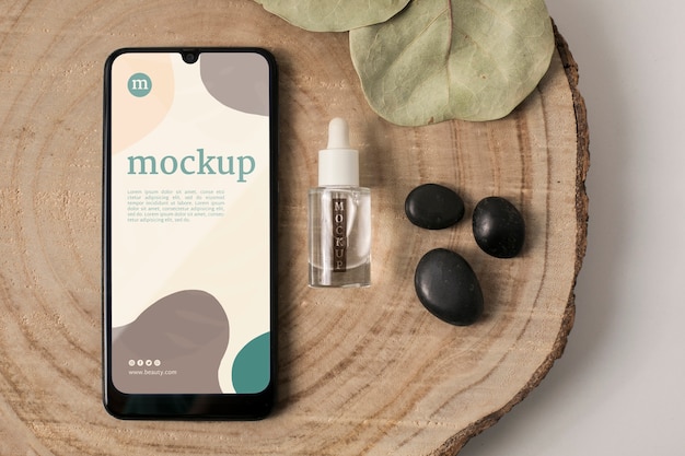 PSD flat lay of smartphone mockup with cosmetic products