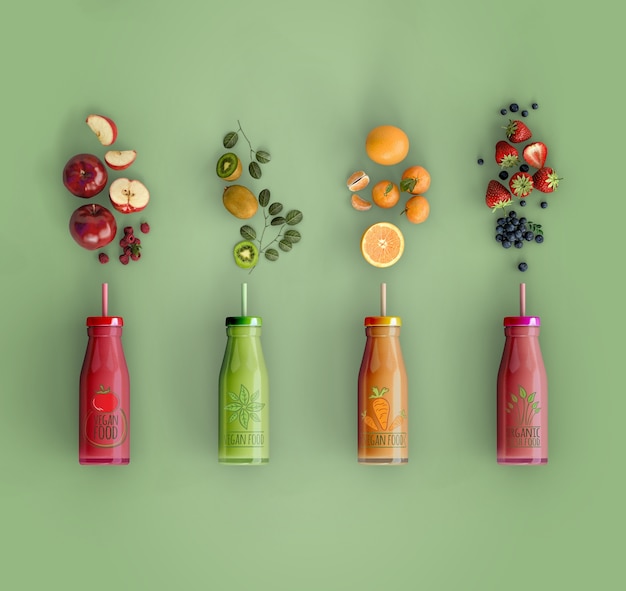 Flat lay smoothies with delicious fruits mock-up