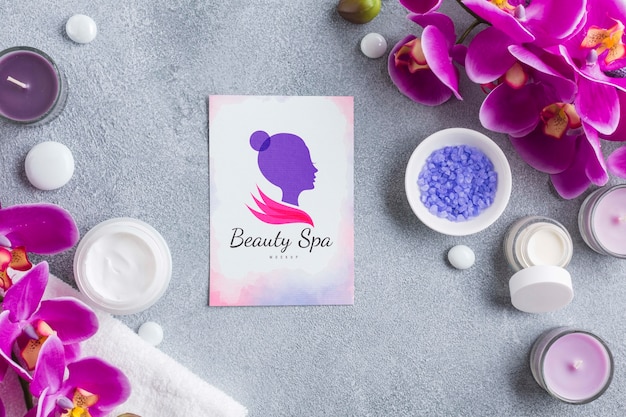 Flat lay spa center assortment with mock-up