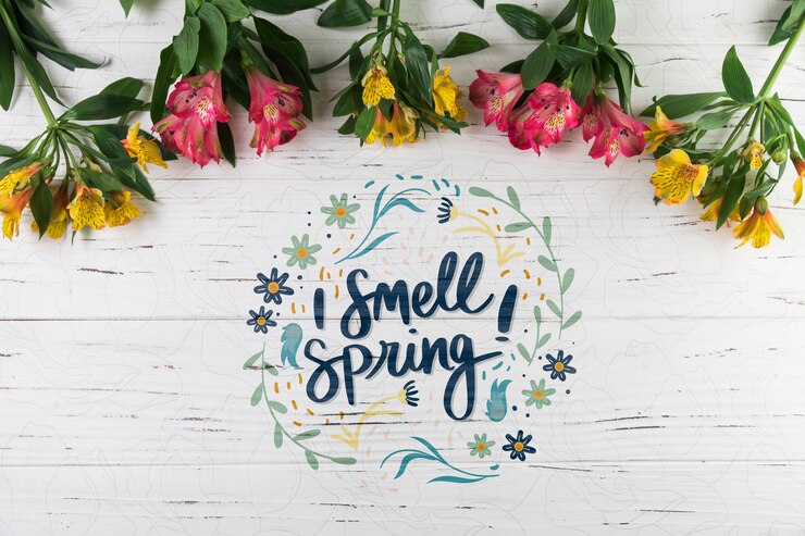 PSD flat lay spring mockup with copyspace