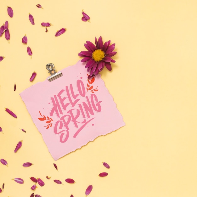 Flat lay spring mockup with greeting card