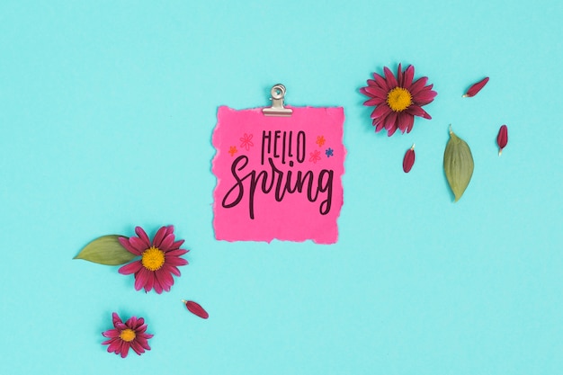 PSD flat lay spring mockup with greeting card