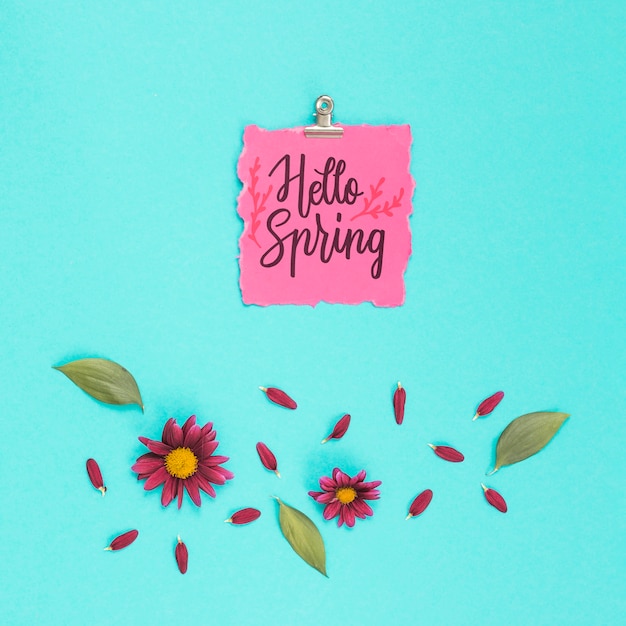 Flat lay spring mockup with greeting card