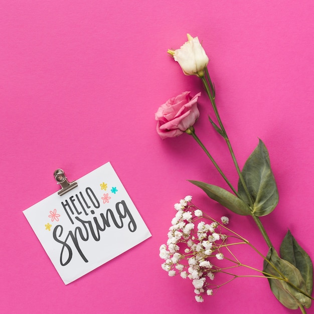 Flat lay spring mockup with greeting card