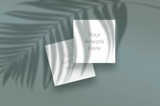 Flat Lay Square Paper Mockup with leaves shadow