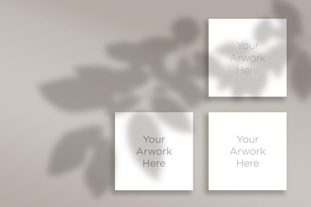 PSD flat lay square paper mockup with leaves shadow