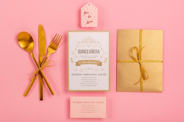 PSD flat lay stationery items for sweet fifteen event