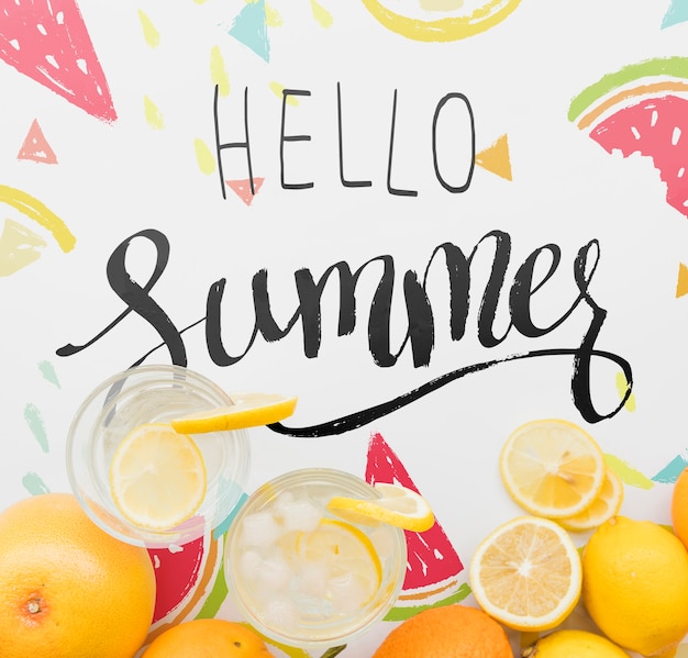 flat lay summer background with exotic fruits