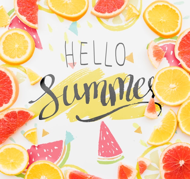 flat lay summer background with exotic fruits