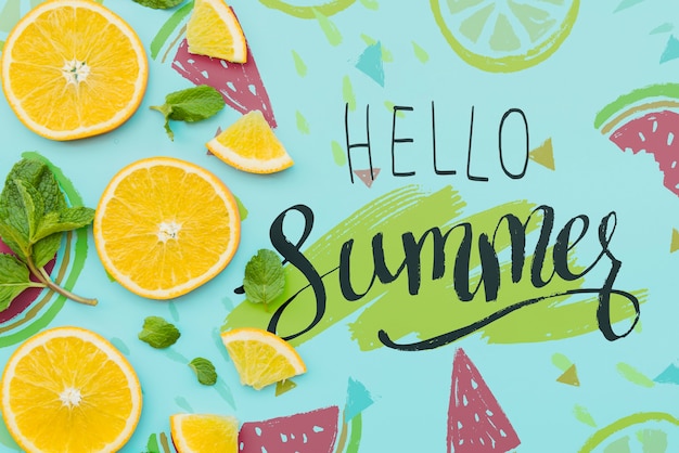 flat lay summer background with exotic fruits