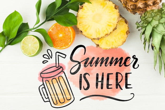 PSD flat lay summer mockup with copyspace and tropical fruits