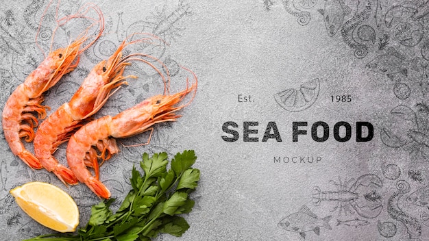 Flat lay tasty sea food arrangement with mock-up