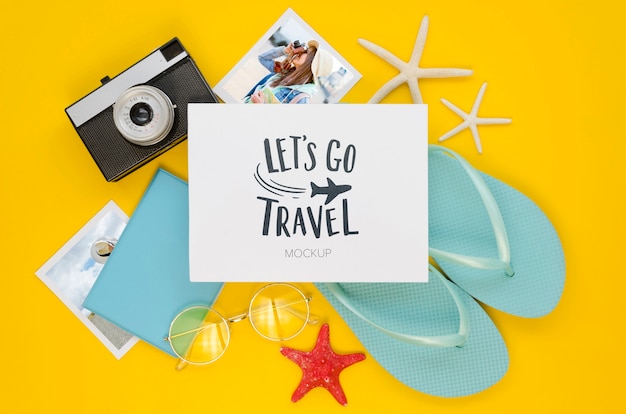 Flat lay travel concept with flip flops