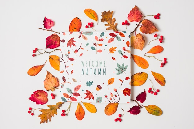 Flat lay typography with yellow leaves