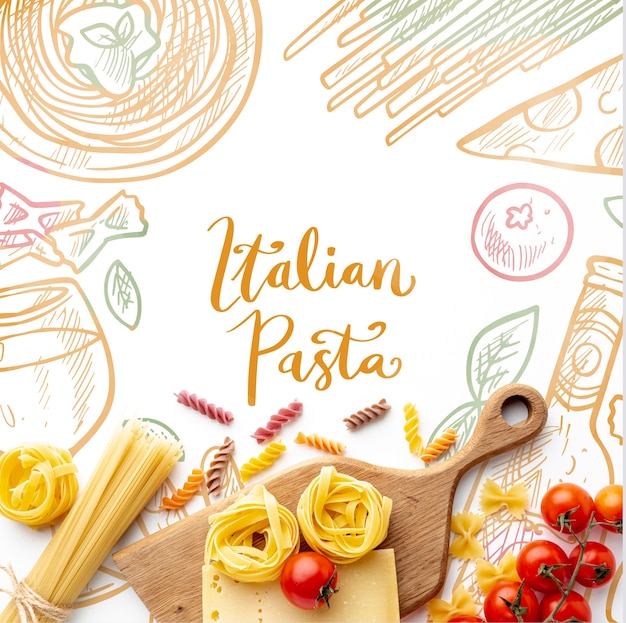 Flat lay uncooked pasta assortment and tomatoes with hand drawn background