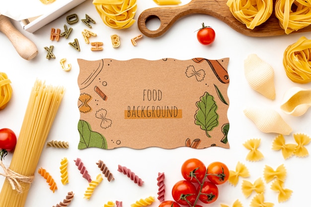 Flat lay uncooked pasta assortment with cardboard mock-up