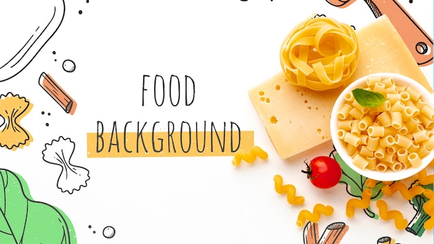Flat lay uncooked pasta mix and cheese on hand drawn background