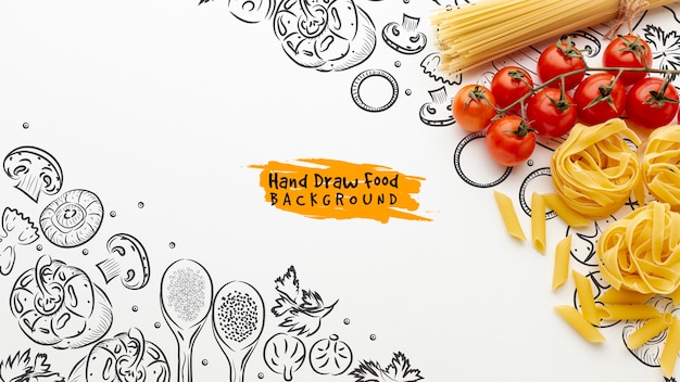 Flat lay uncooked tagliatelle and spaghetti and tomatoes with hand drawn background