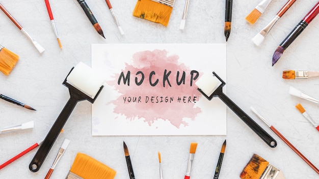 flat lay watercolor elements arrangement with mock-up