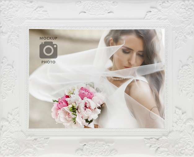 PSD flat lay of white picture frame