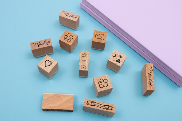 PSD flat lay wooden stamps arrangement