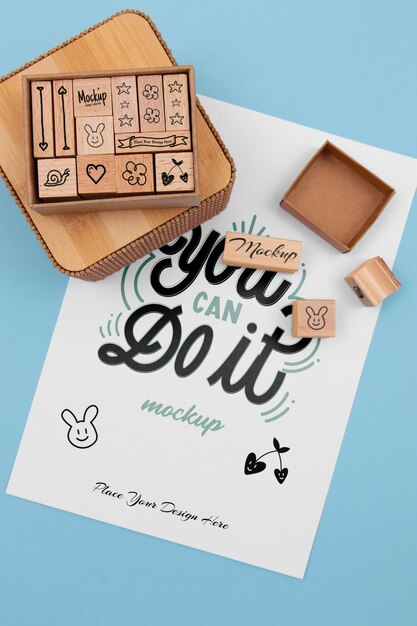 flat lay wooden stamps arrangement