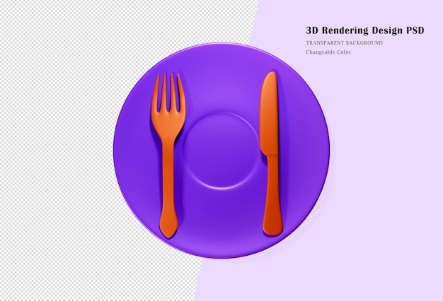 Flat red fork and spoon with purple plate, 3d Rendering, dinner table items.