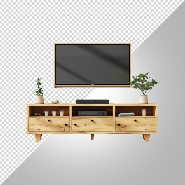 PSD una tv a schermo piatto è su uno scaffale di legno con una pianta su di esso