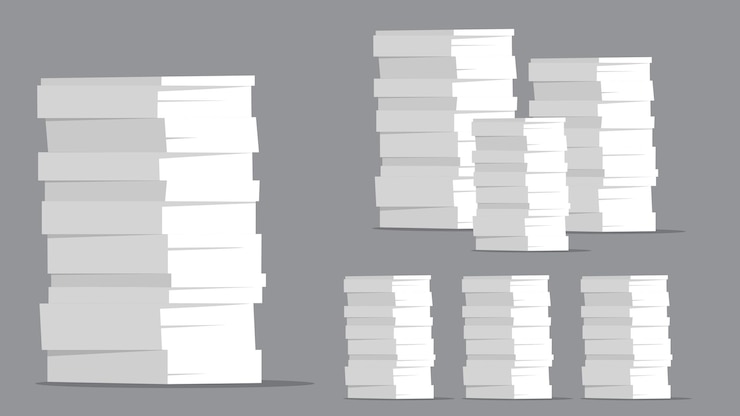 PSD flat vector illustration of stacks of paper sheets on a gray background
