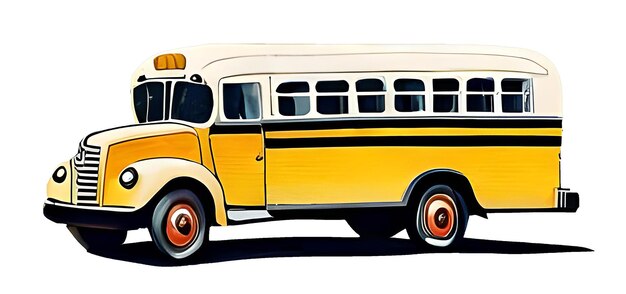 左の色鉛筆スタイルのイラストで運転する平らな水彩の黄色のバス