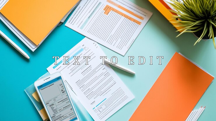 PSD flatlay of documents phone pens and folders on a teal and mint surface