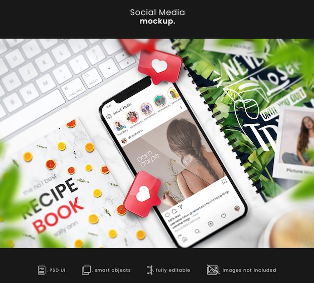 Flatlay instagram phone mockup notebook mockup and book cover design on marble background