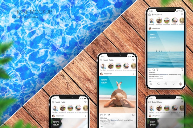 Flatlay instagram phone mockup with post mockups on wooden surface with water texture