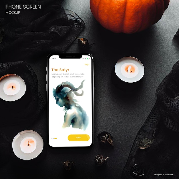 PSD mockup flatlay per iphone 15 su un tavolo strutturato scuro con decorazioni di halloween sullo sfondo