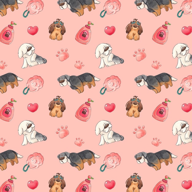 Flawless Pet Grooming handgetekende waterverf schilderij patroon naadloos ontwerp