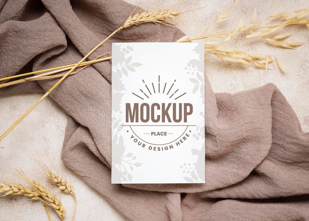 PSD flay lay autumn mock-up with wheat on grey cloth